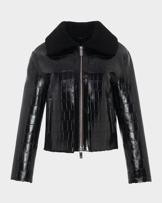 Gorski Black Shearling Lamb Croco Embossed Zip Jacket