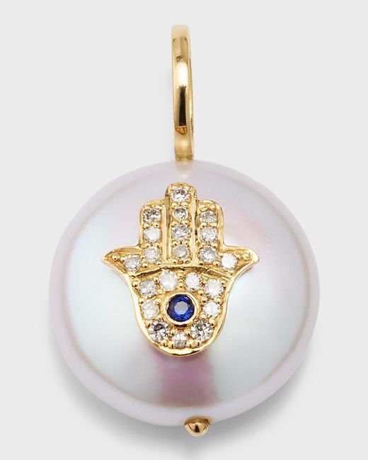 Kastel Jewelry White Hamsa Freshwater Pearl Pendant With Diamonds And Sapphires