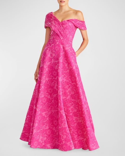 THEIA Pink Marlene One-Shoulder Floral Jacquard Gown