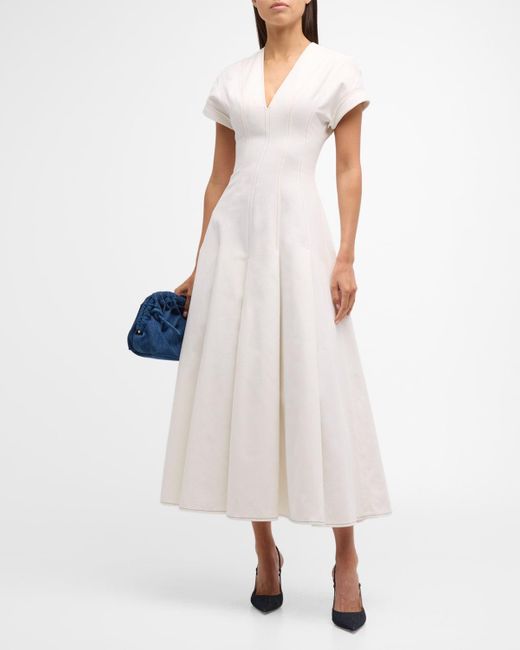 Jonathan Cohen Natural Cap-Sleeve Midi Dress With Colorful Stitch Details