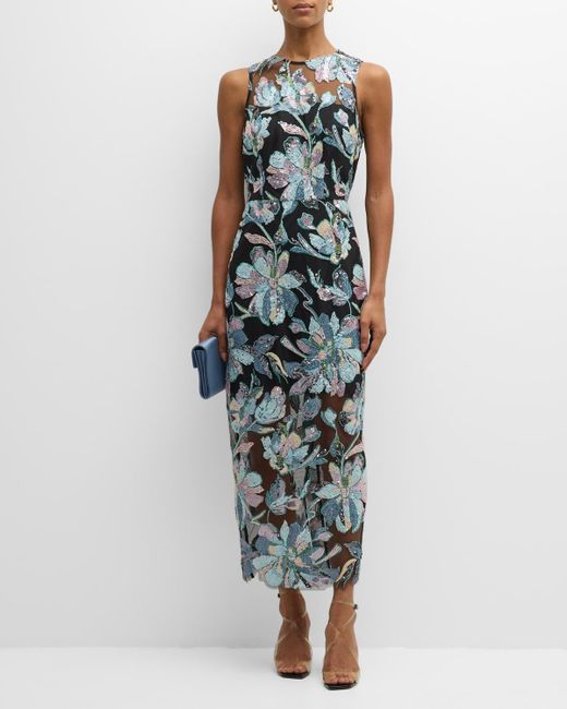 MILLY Blue Kinsley Sleeveless Floral Sequin Maxi Dress