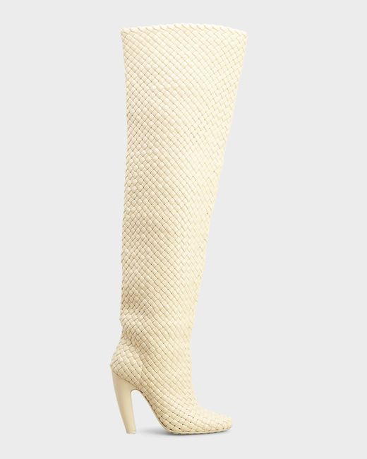 Bottega Veneta White Intrecciato Woven Lambskin Over-The-Knee Boots