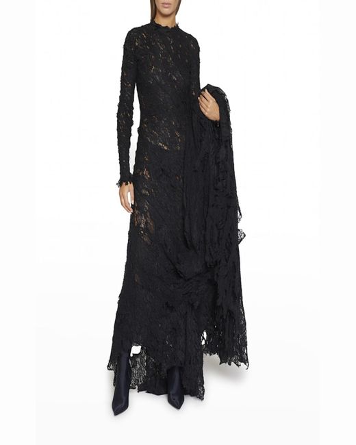 Balenciaga Black Sheer Lace Train Mermaid Gown