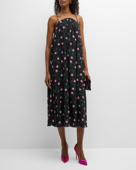 Emporio Armani Black Sleeveless Floral-print Silk Midi Shift Dress