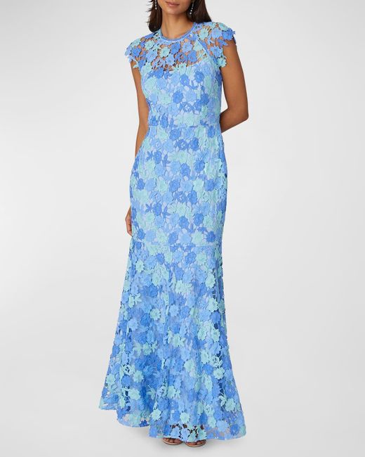 Shoshanna Blue Cap-Sleeve Floral Lace Trumpet Gown