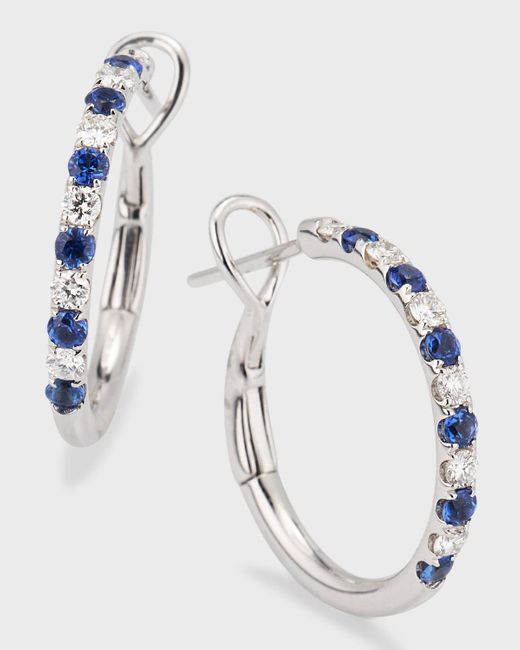 Frederic Sage Blue 18k White Gold Small Alternating Diamond And Sapphire Hoop Earrings
