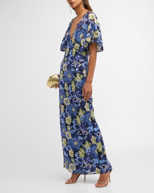 Lela Rose Blue V-neck Flower Sequin Cape-sleeve Column Maxi Dress