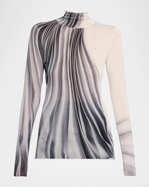 Jason Wu Multicolor Dancing Pleat Printed Long-Sleeve Turtleneck Top