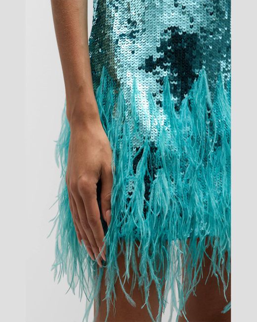 Cult Gaia Blue Solina Sequin And Feather Halter Mini Dress