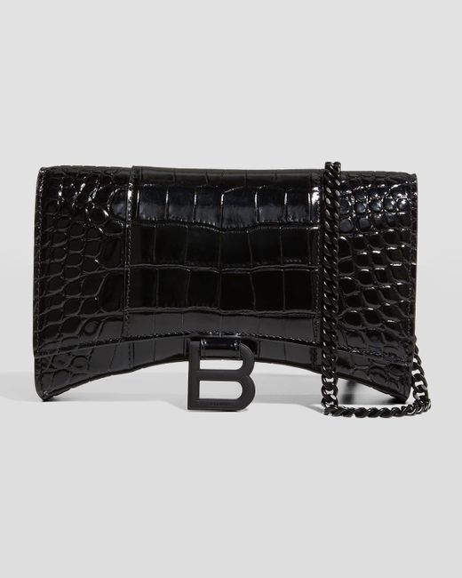 Balenciaga Black Hourglass Croc-Embossed Wallet On Chain