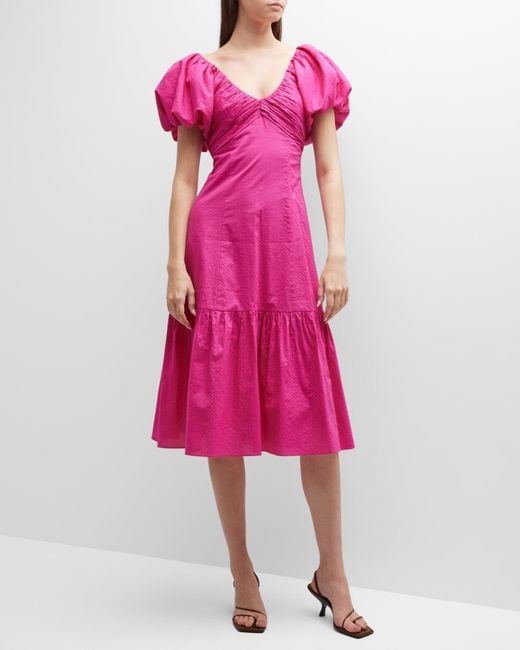 FRAME Pink Puff Sleeve Cotton Midi Dress