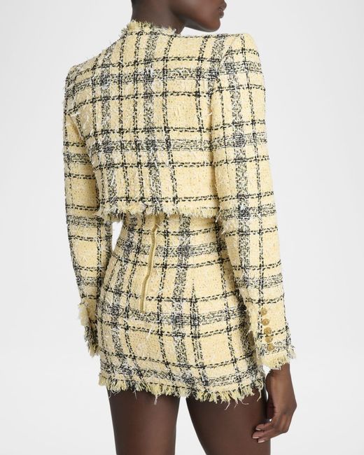 Balmain Metallic Paillette Check Eyelash Tweed Crop Jacket
