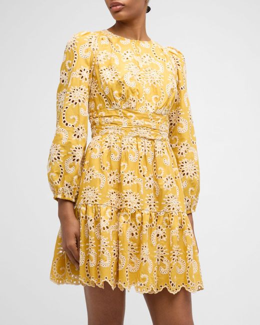 Shoshanna Yellow Costas Eyelet-Embroidered Cotton Mini Dress