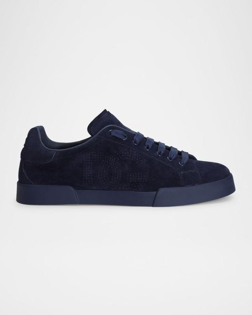 Dolce Gabbana Men's Blue Suede Perforated Dg Low-Top