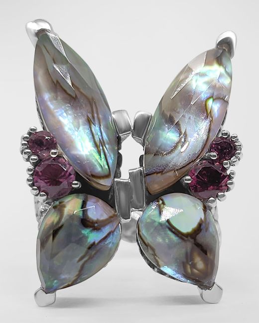 Stephen Dweck Gray Faceted Abalone And Rhodolite Garnet Butterfly Ring In Sterling Silver