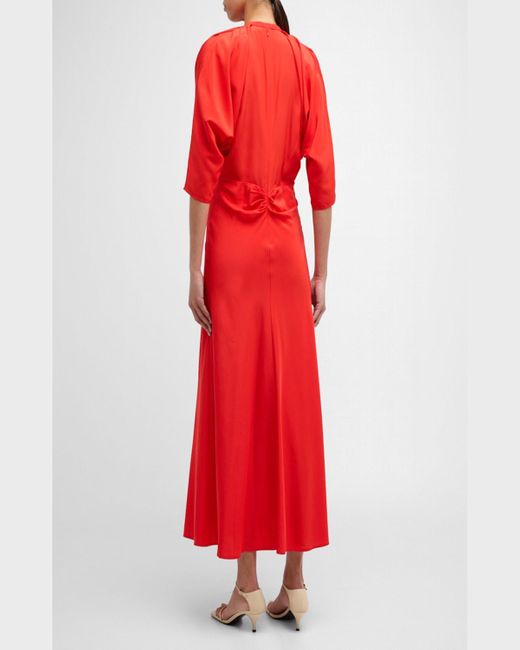 Oroton Red Ruched Dolman-Sleeve Silk Midi Dress