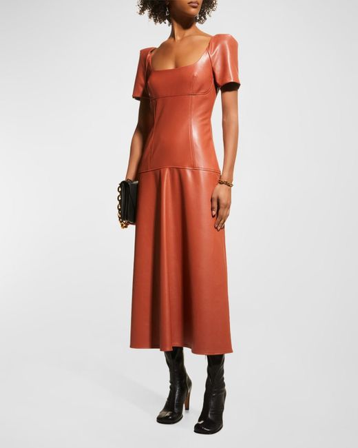 A.L.C. Orange Hayden Seamed Faux Leather Drop-waist Midi Dress