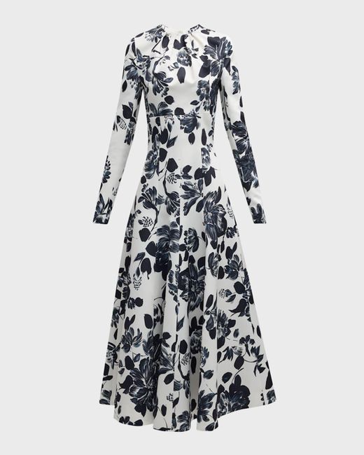 Emilia Wickstead White Tris Floral Long-Sleeve Empire-Waist Midi Dress
