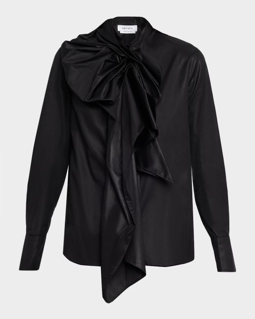 Alexander McQueen Black Draped Ruffle Cotton Poplin Blouse