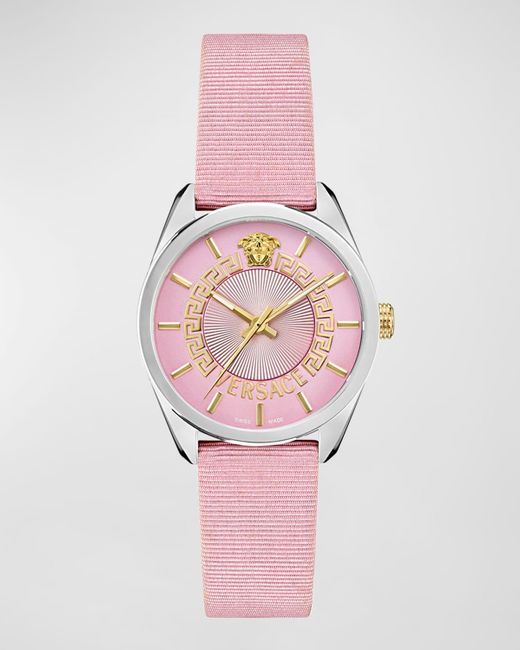 Versace Pink V-Circle 36Mm Stainless Steel Watch With Grosgrain Strap