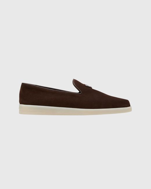 Prada Brown Triangle Logo Suede Loafers for men