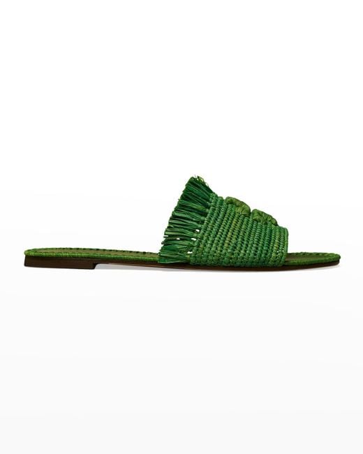 Tory Burch Green Eleanor Raffia Double T Slide Sandals