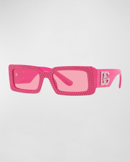 Dolce & Gabbana Pink Embellished Dg Acetate Rectangle Sunglasses
