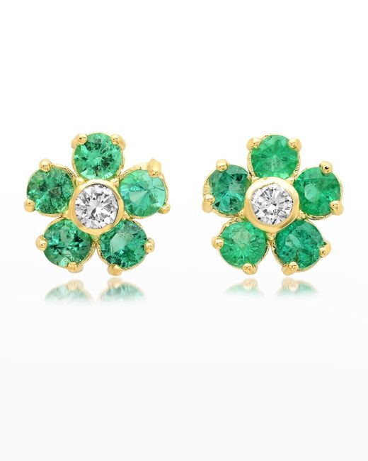 Jennifer Meyer Green Emerald Large Flower Stud Earrings With Diamonds