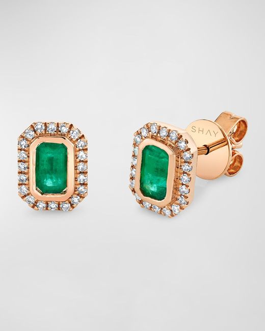 SHAY Multicolor 18K Rose Diamond Halo Emerald Earrings