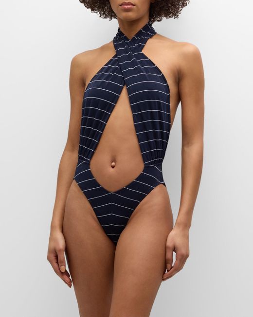 Norma Kamali Blue Striped Crisscross Backless Halter One-piece Swimsuit