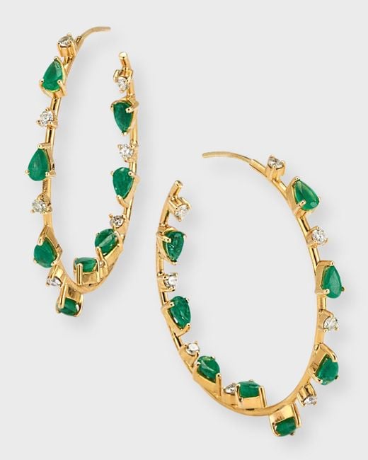 Siena Jewelry Metallic 14k Yellow Gold Emerald And Diamond Hoop Earrings