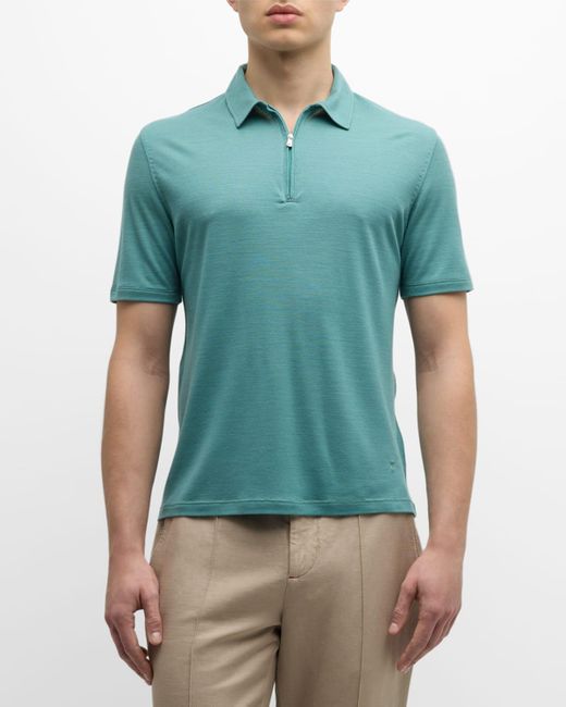 Isaia Green Wool Quarter-Zip Polo Shirt for men