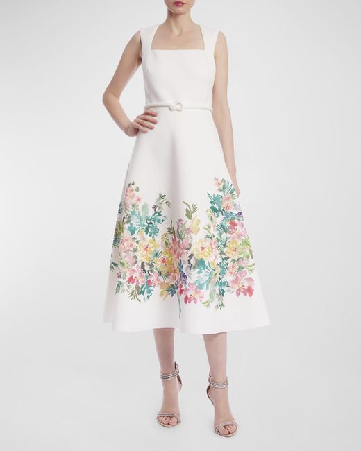 Badgley Mischka White Square-Neck Floral-Print Midi Dress