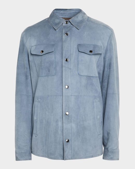 Canali Blue Nuvola Suede Snap-Front Overshirt for men