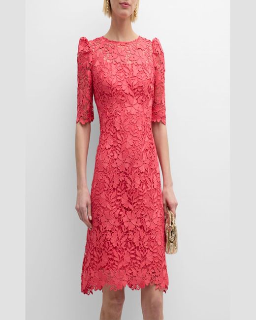 Teri Jon Red Puff-Shoulder Floral Lace Midi Dress