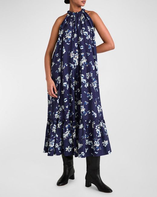 Merlette Blue Celestia Floral-print Trapeze Halter Midi Dress