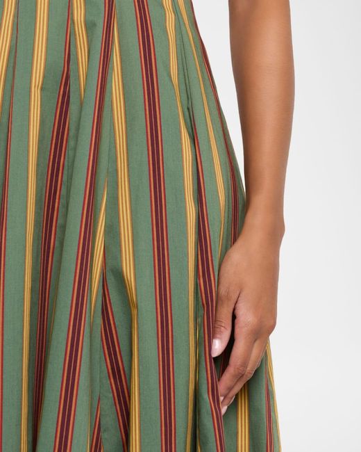 STAUD Wells Striped Stretch-Cotton Square-Neck Midi Dress in Green | Lyst