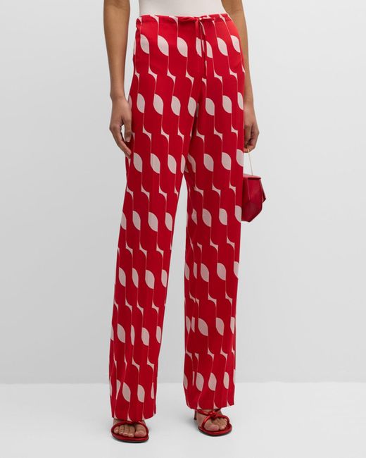 Dries Van Noten Red Pachas Abstract-Print Straight-Leg Silk Pull-On Pants