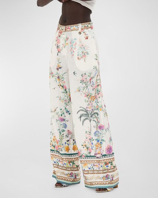 Camilla White Floral Linen Wide-leg Pants