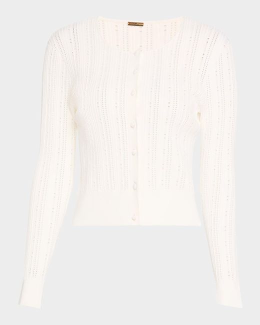 Adam Lippes White Pointelle Compact Jacquard Crewneck Crop Cardigan