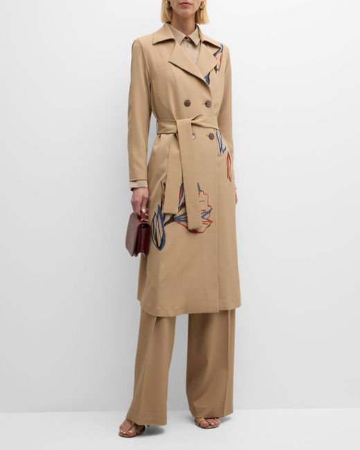 Misook Floral-embroidered Belted Woven Trench Coat in Natural | Lyst