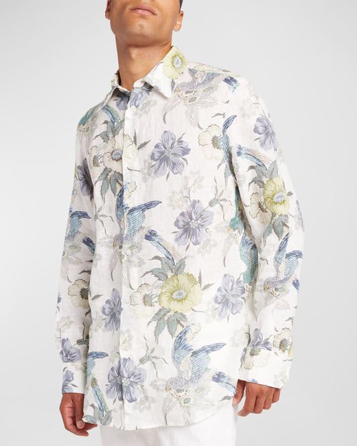 Etro White Floral Birds Button-down Shirt for men
