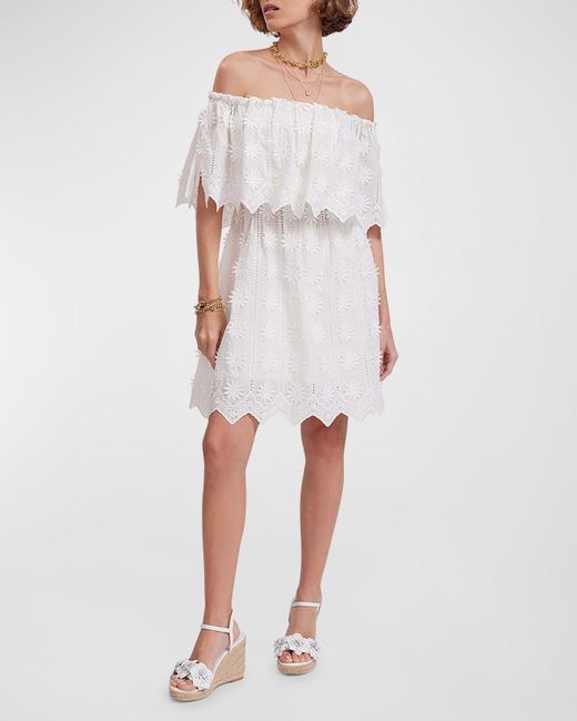 Anne Fontaine White Garrigue Off-Shoulder Applique Midi Dress