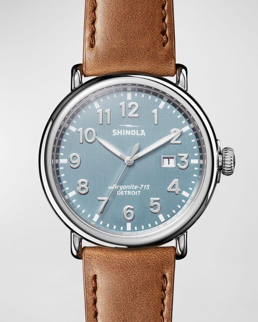 Shinola Blue 47mm Runwell 3hd Watch With Leather Strap for men