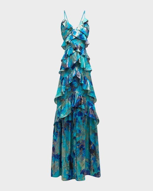 Ramy Brook Blue Harlen Ruffle Tiered Metallic Jacquard Gown