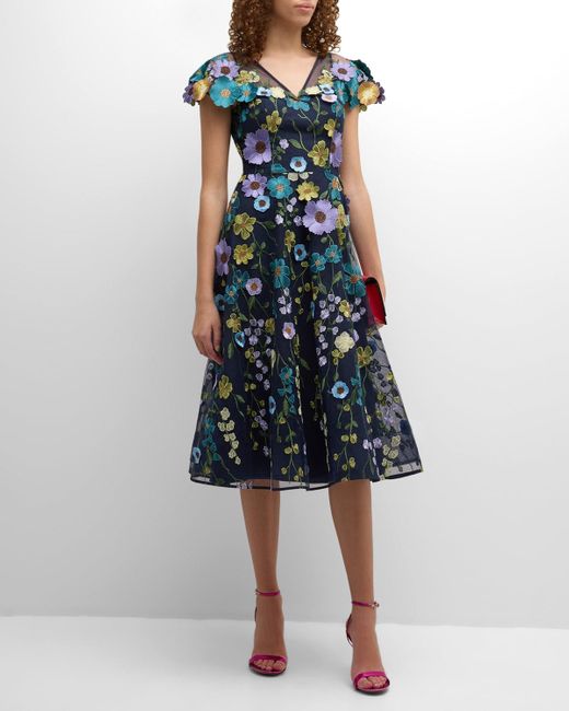Teri Jon Blue A-Line Floral-Embroidered Tulle Midi Dress