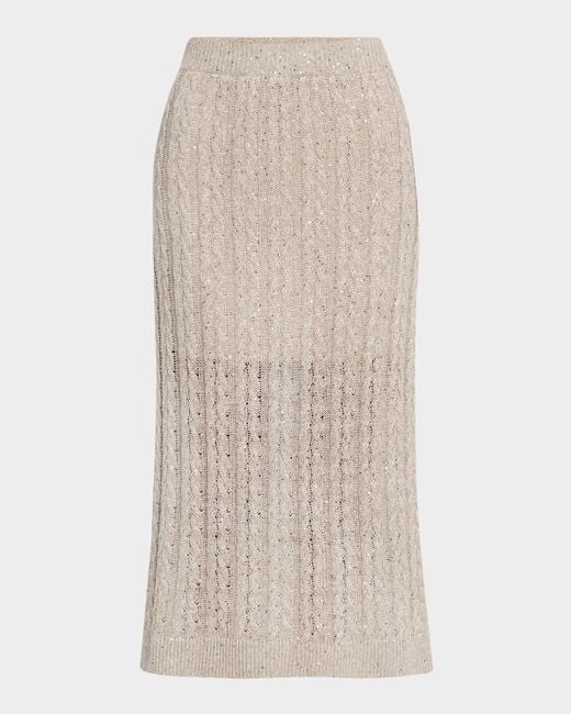 Brunello Cucinelli Natural Sequined Cable Knit Body-Con Midi Skirt