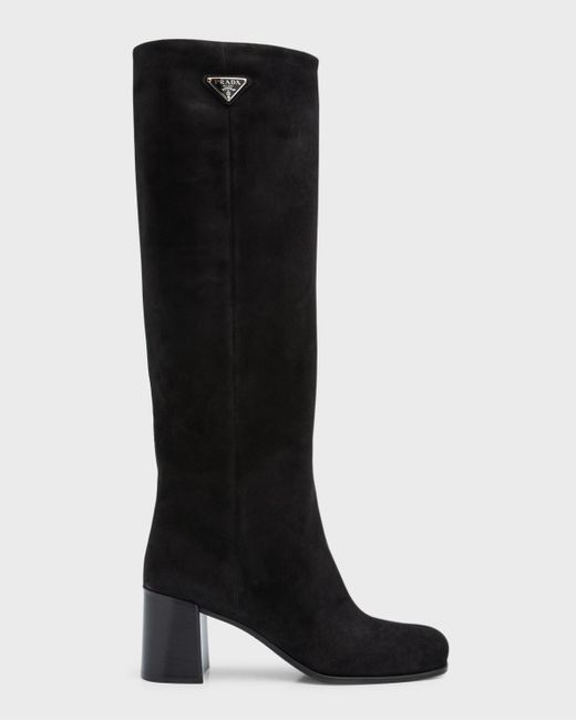 Prada Black Suede Block-Heel Knee Boots