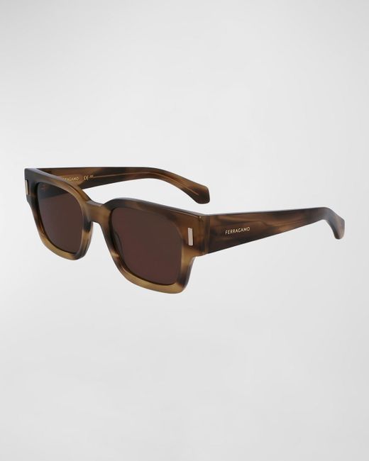 Ferragamo Brown Rivets Acetate Rectangle Sunglasses, 52Mm for men