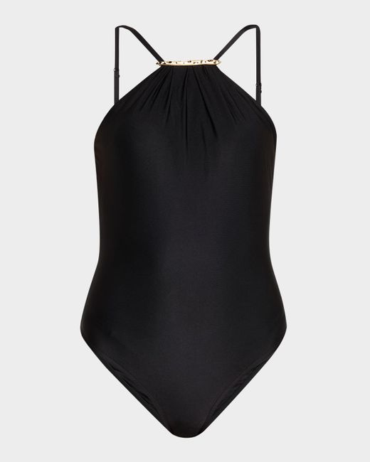 Lenny Niemeyer Black Ruched Halter One-Piece Swimsuit